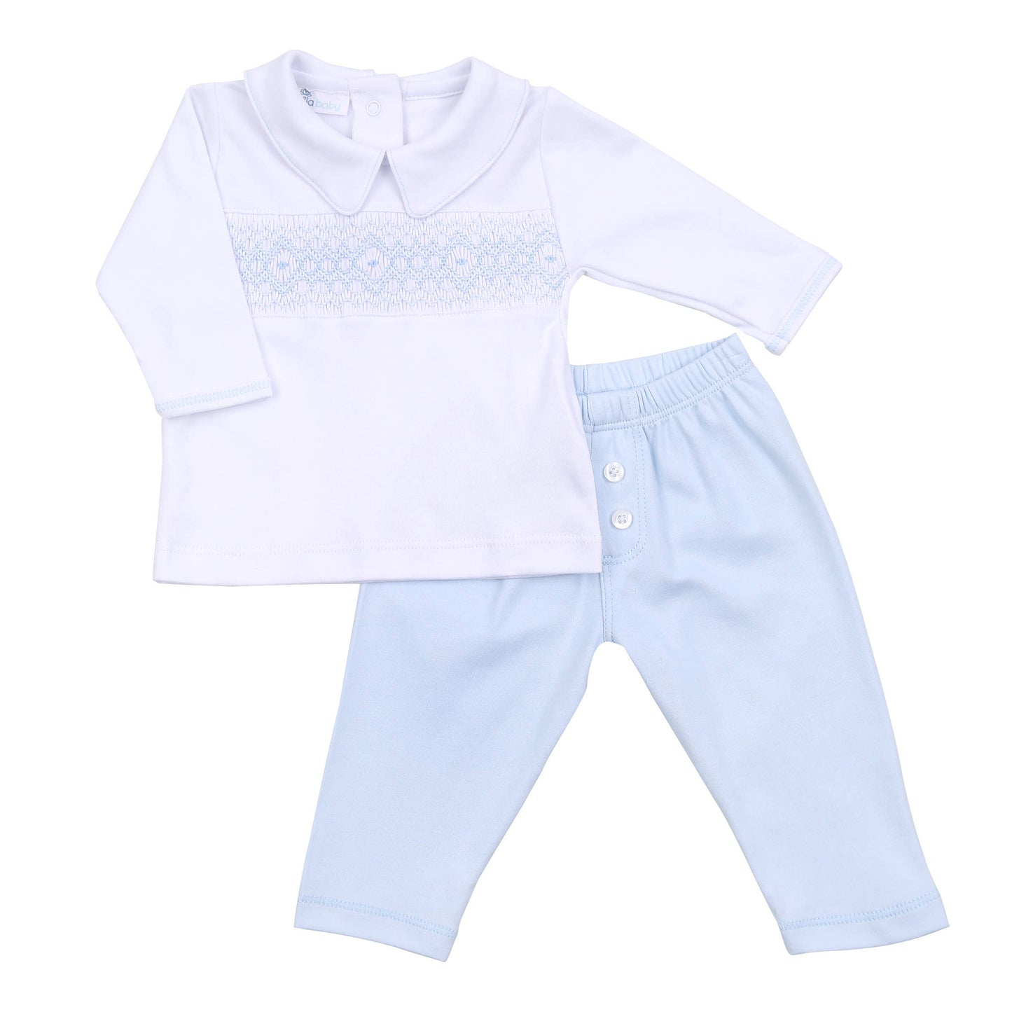 Ava and Archie Blue Smocked Collared Pant Set