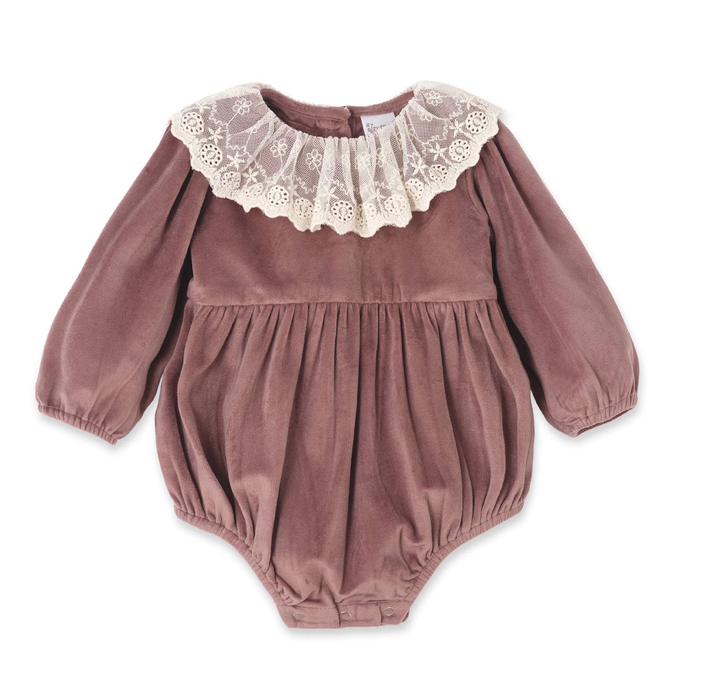 Beatrice Baby Girl Mauve Velvet Bodysuit With Lace Collar