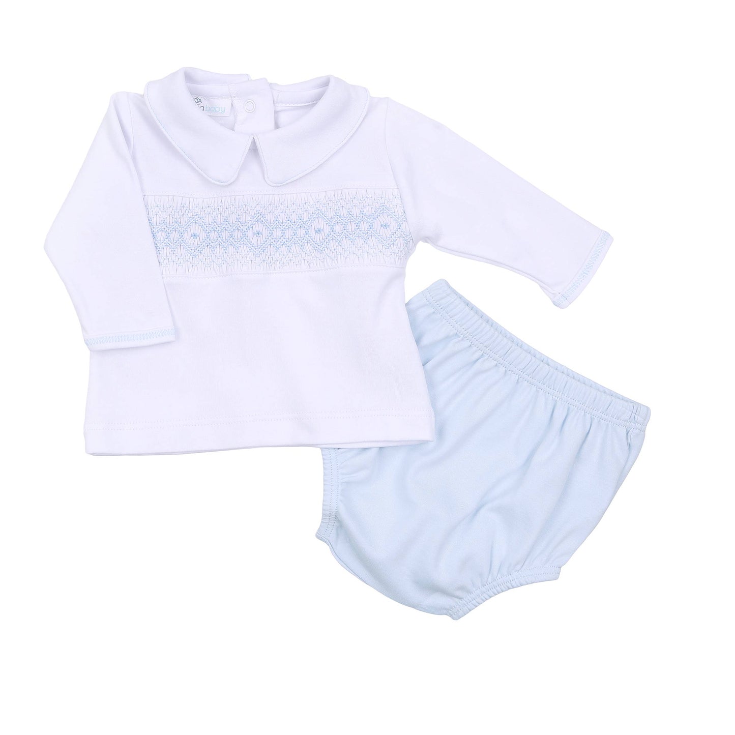 Ava and Archie Blue Smocked Collared Diaper Cover Set