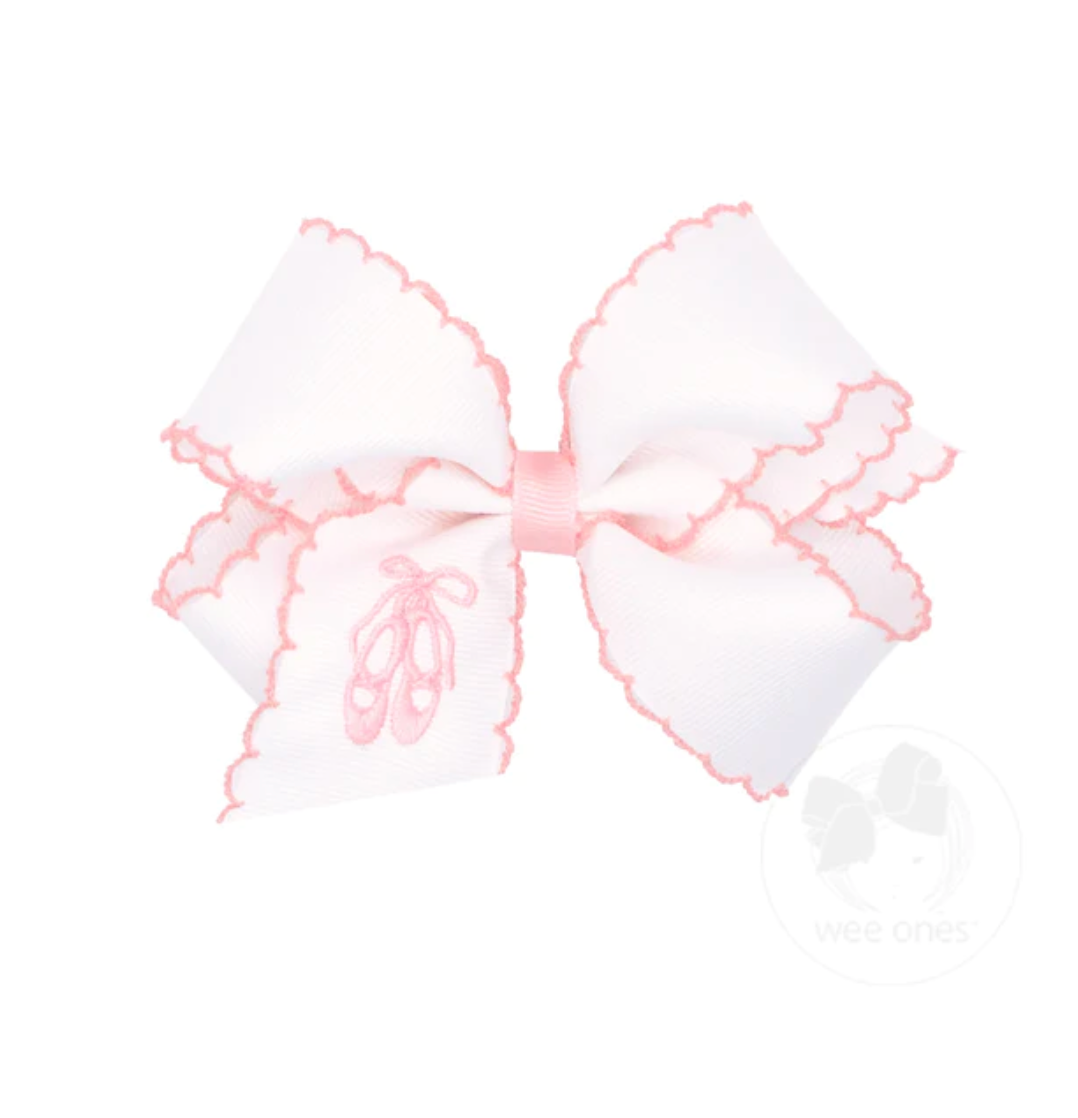 Medium Hair Bow with Pink Moonstitch Edge & Ballet Slipper Embroidery