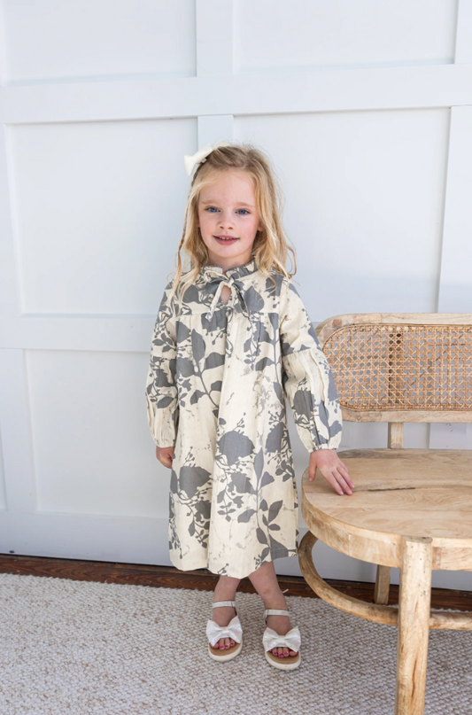 Grey Leaf Printed Gathered Long Sleeve Dress