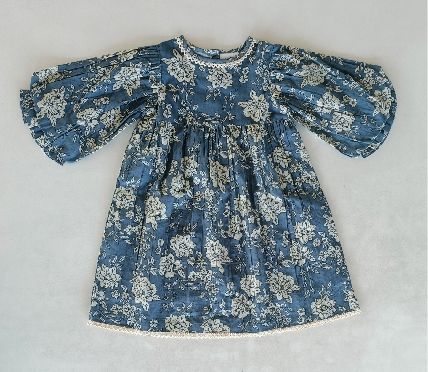 Blue and Cream Floral Bell Sleeve Dress