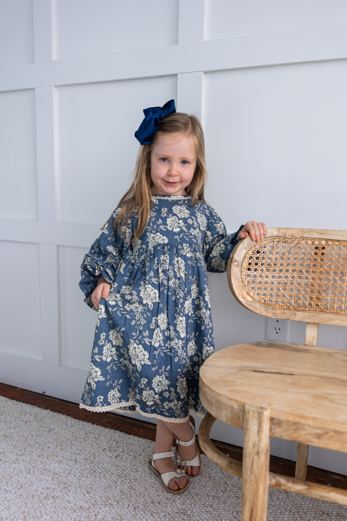 Blue and Cream Floral Bell Sleeve Dress
