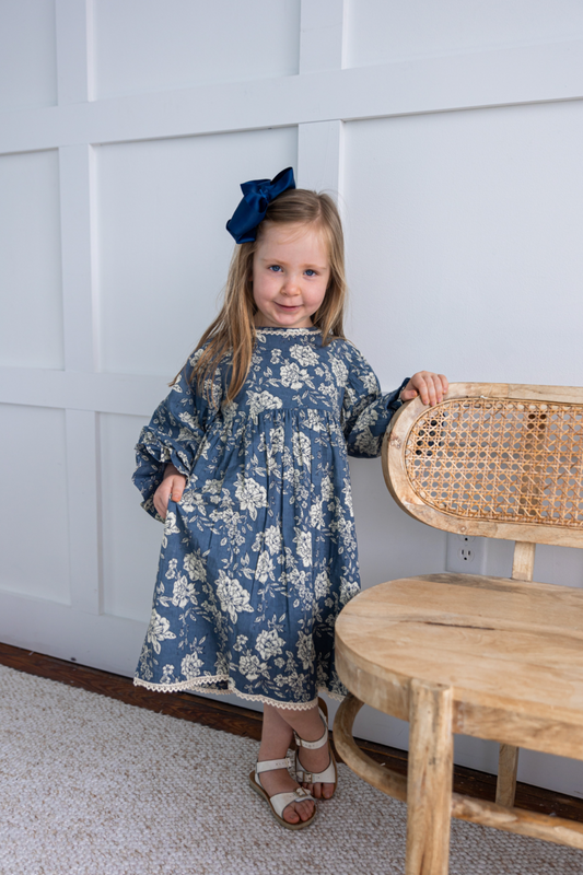 Blue and Cream Floral Bell Sleeve Dress