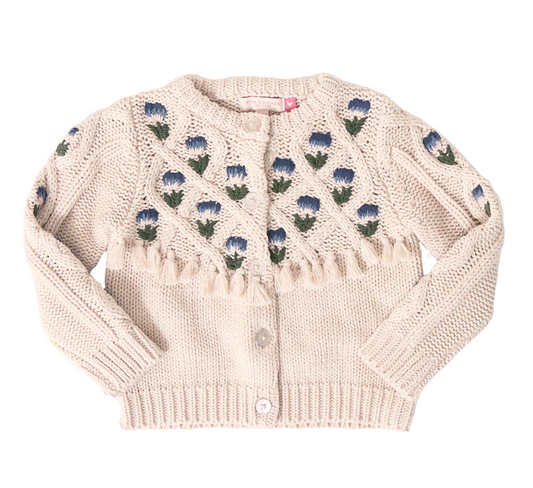 Pink Chicken Girls Tari Tassel Sweater - Cream Flower Embroidery