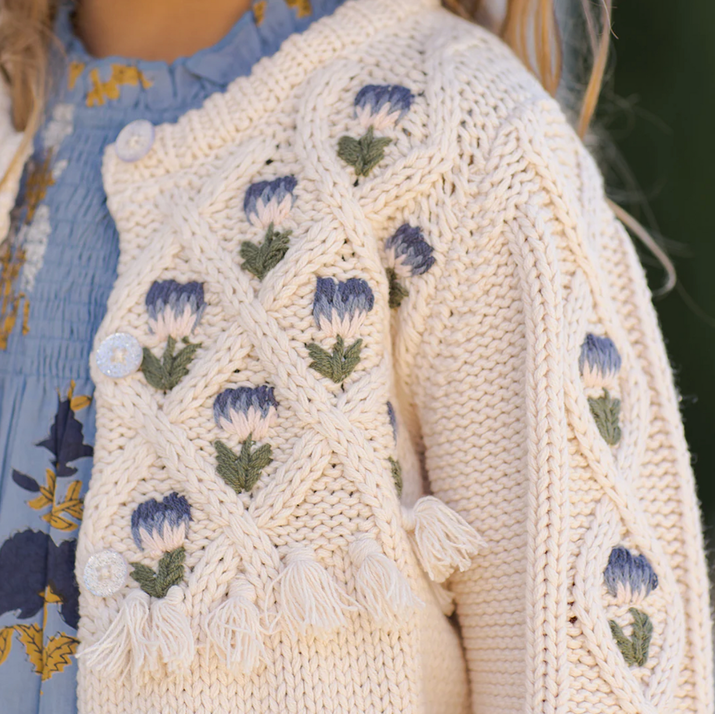 Pink Chicken Girls Tari Tassel Sweater - Cream Flower Embroidery