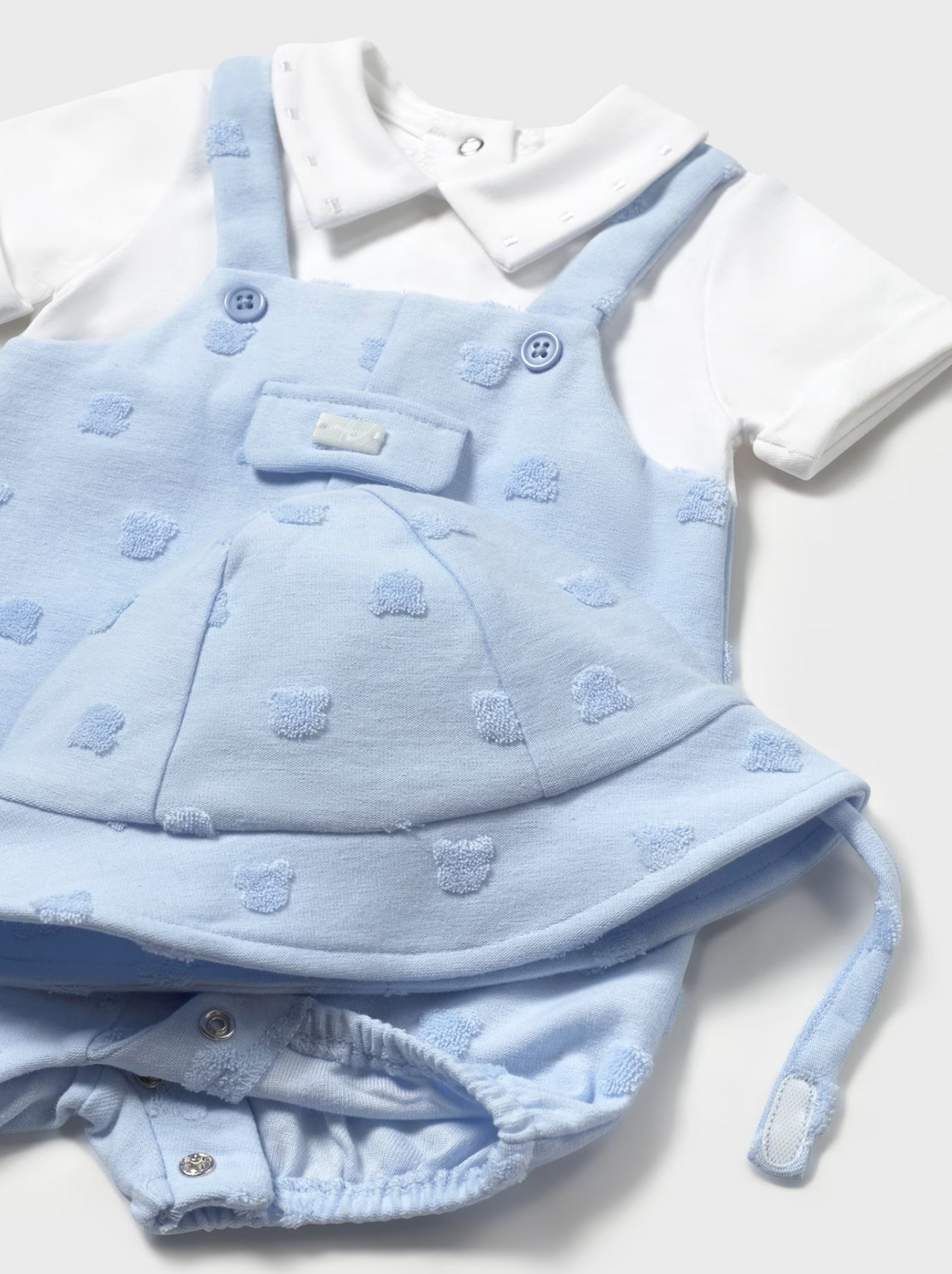 Mayoral Newborn Dungaree Romper with Hat - Sky