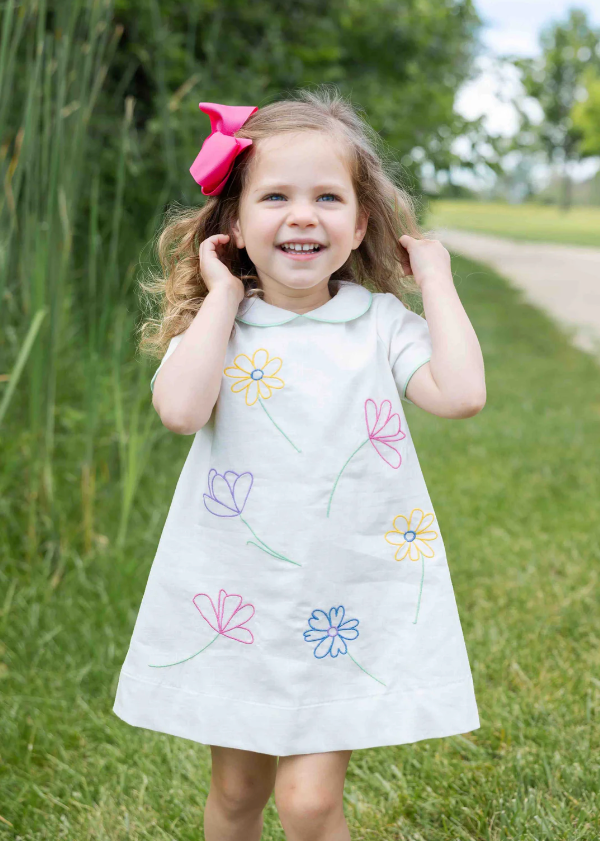 Linen Look Dress With Embroidered Flowers