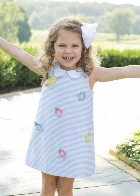 Stripe Birdseye Pique Dress with Petal Collar and Flowers