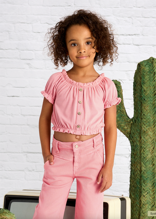 Pink Ribbed Button Short Sleeve Shirt