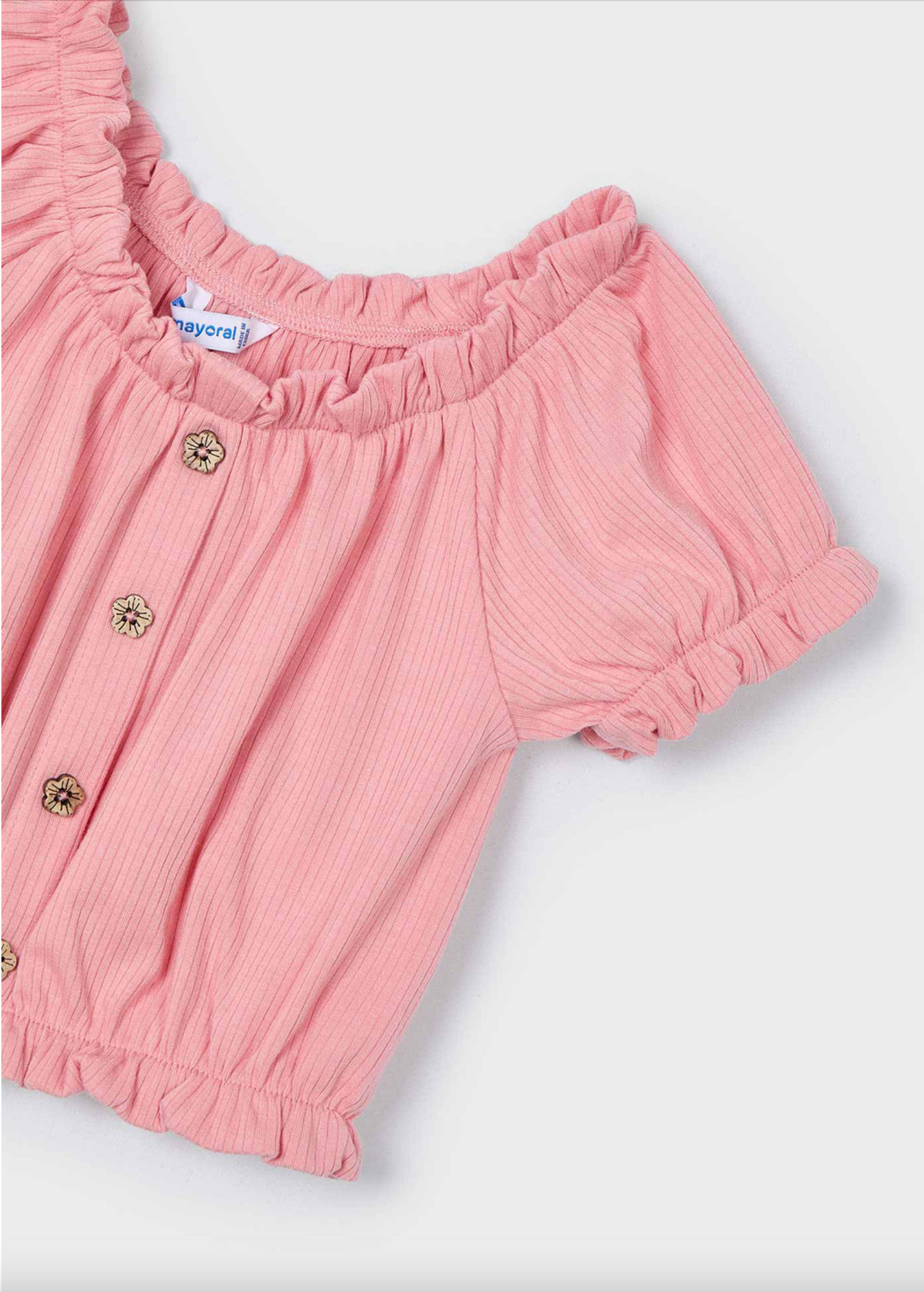 Pink Ribbed Button Short Sleeve Shirt