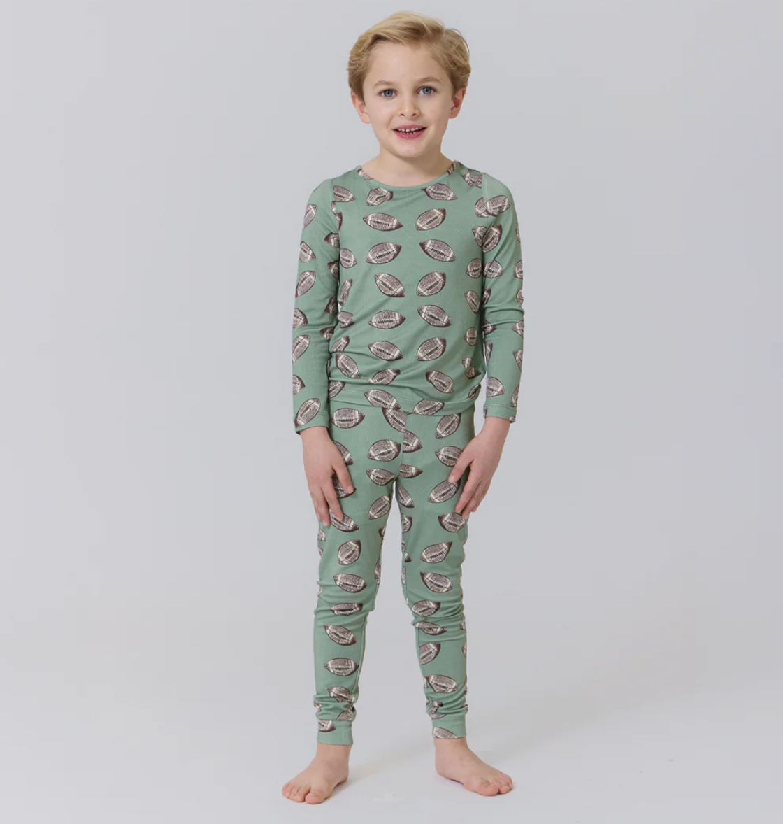 Pink Chicken Kids Bamboo PJ Set - Green Flying Footballs