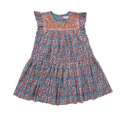 Pink Chicken Girls Fiona Ruffle Dress - Blue Paisley