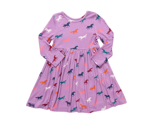 Pink Chicken Girls Bamboo Steph Dress- Lavender Multi Horses
