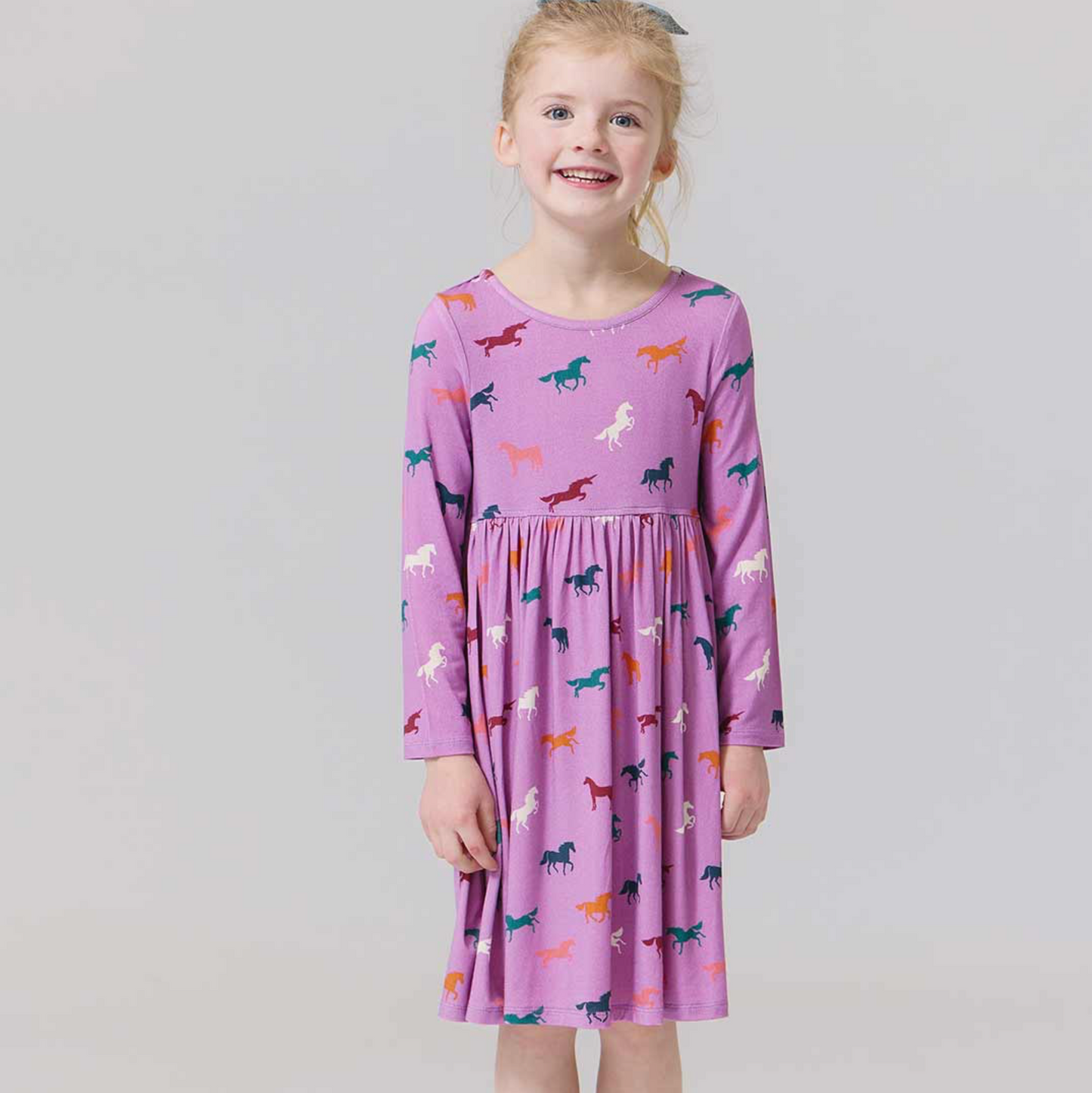 Pink Chicken Girls Bamboo Steph Dress- Lavender Multi Horses