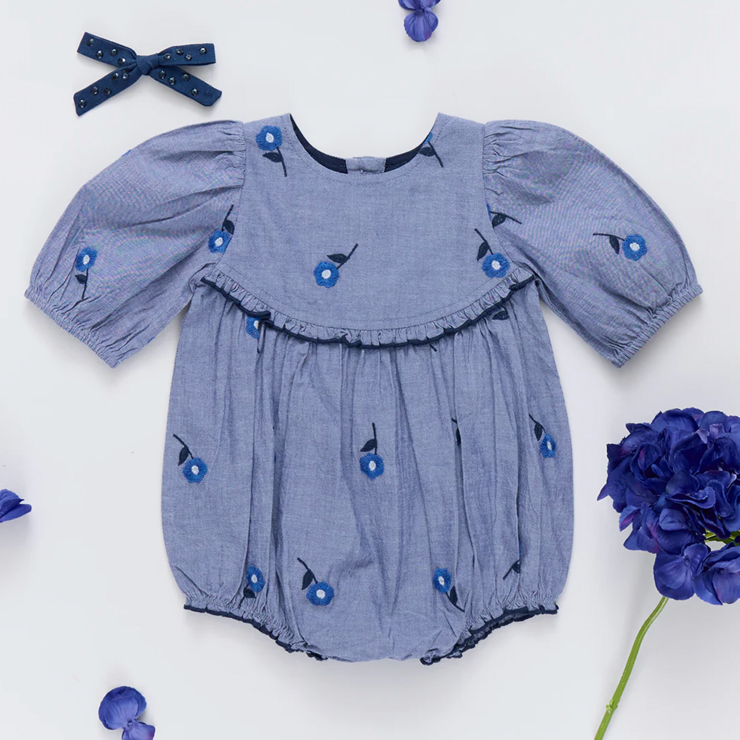 Pink Chicken Baby Girls Rowan Bubble - Blue Blossom Embroidery
