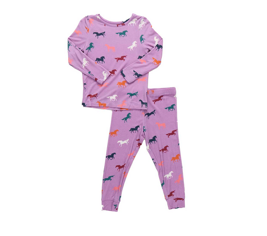 Pink Chicken Kids Bamboo PJ Set - Lavender Multi Horses