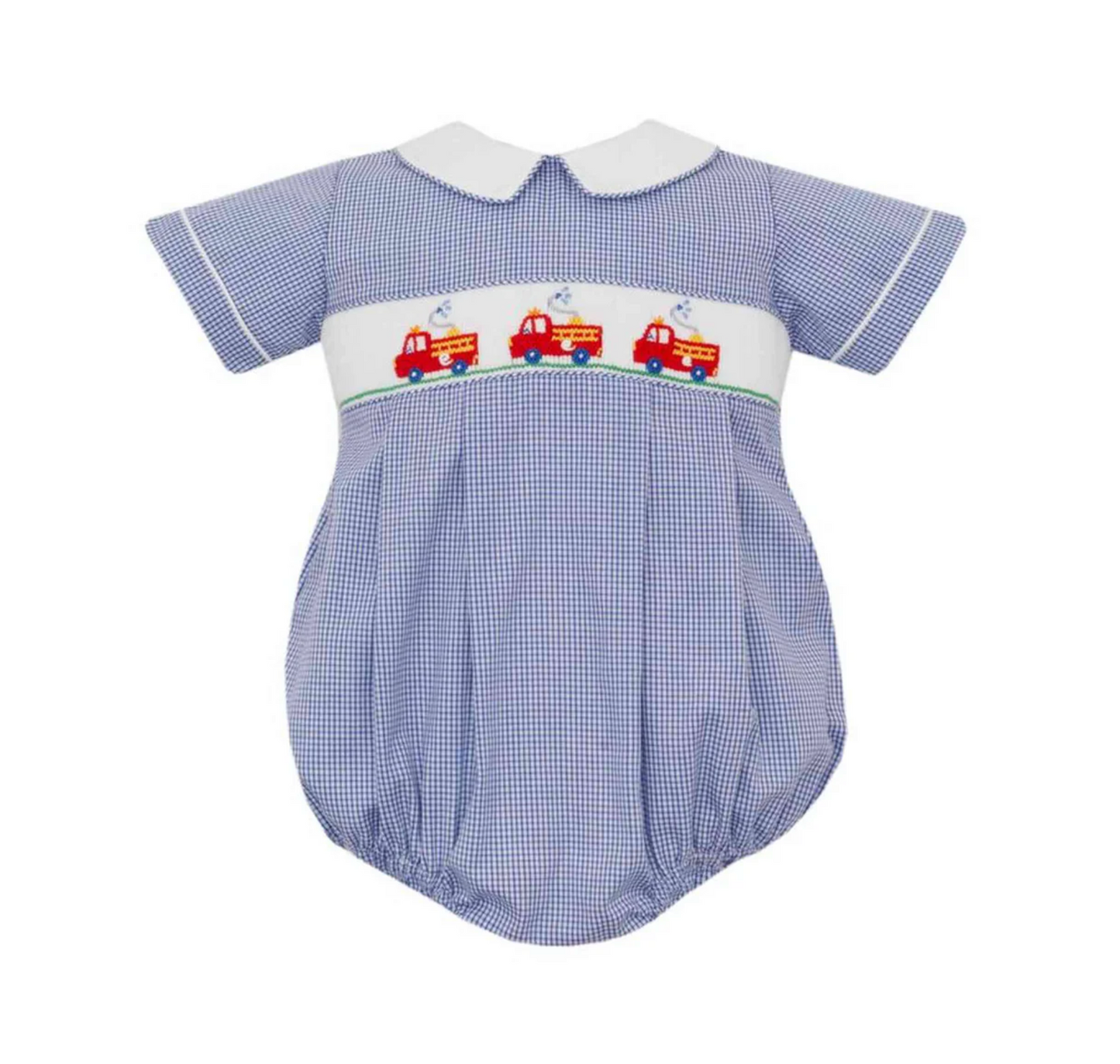 Smocked Firetrucks Navy Blue Check Bubble
