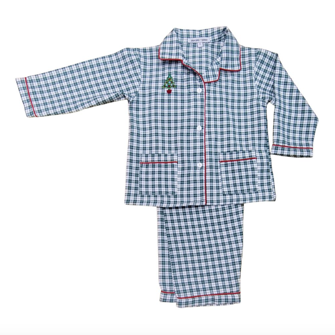 Christmas Tree Embroidered Green Plaid PJs