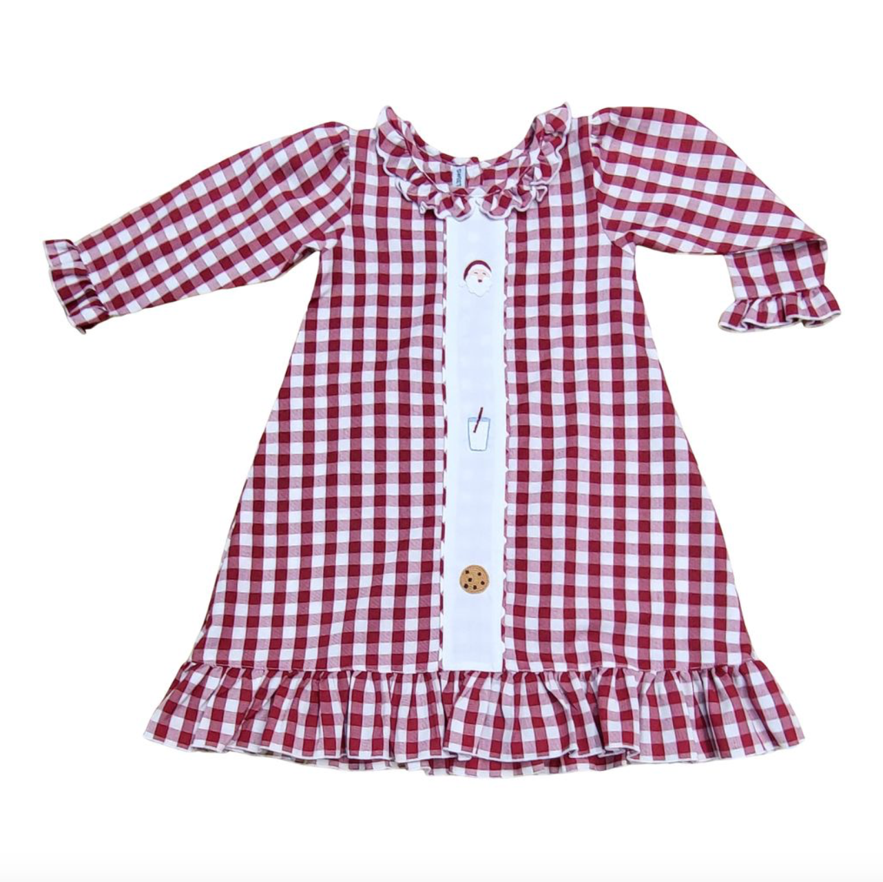 Red Gingham Nightgown With Embroidered Santa, Milk And Cookies