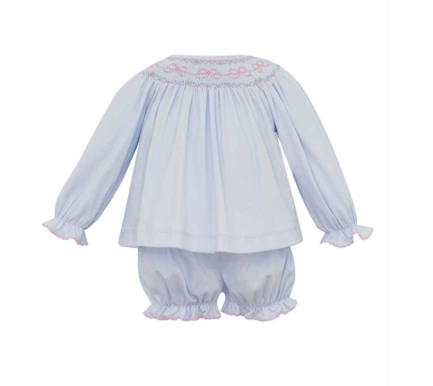 Petit Bebe Light Blue Knit Bows Bishop Bloomer Set