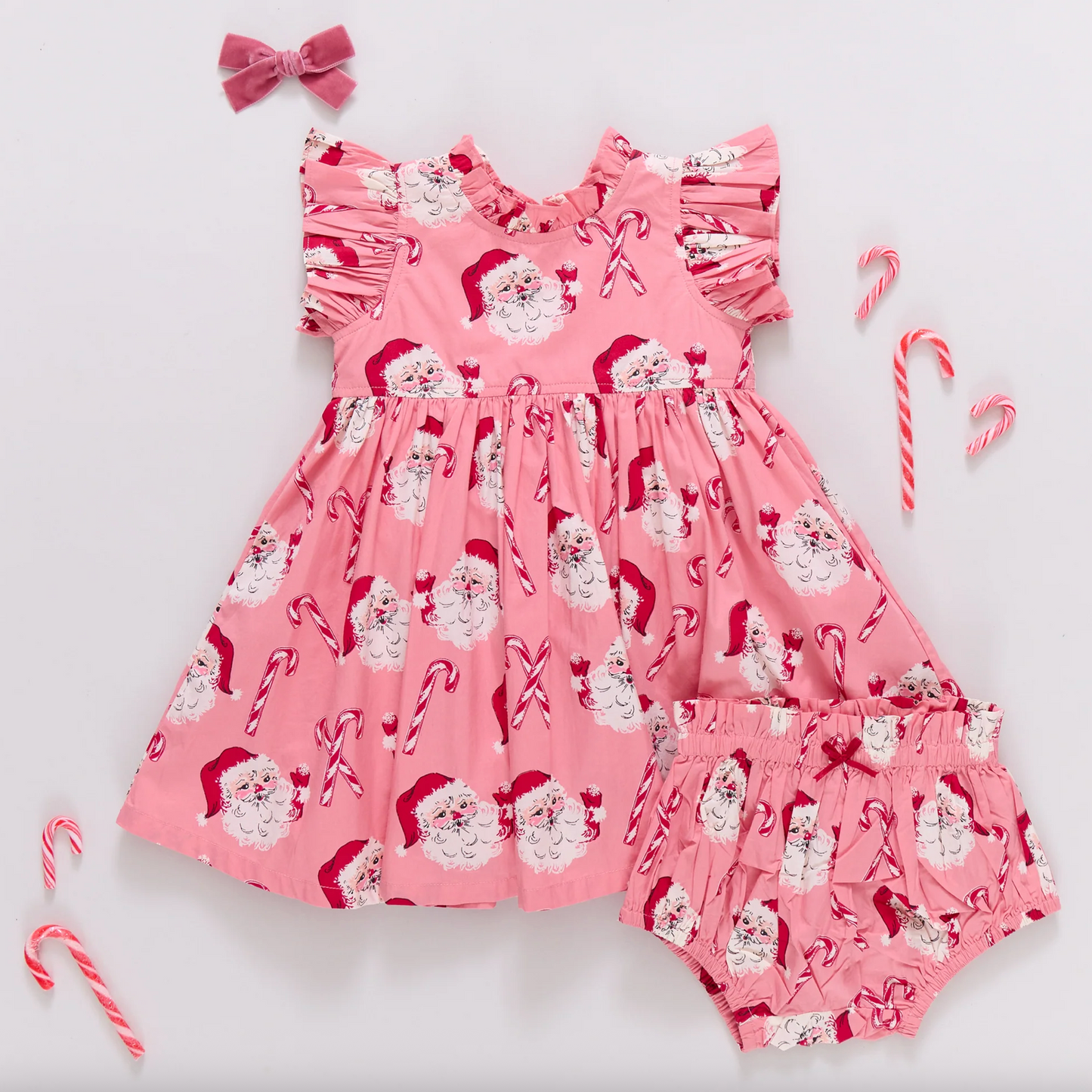 Pink Chicken Baby Girls Jennifer Dress Set - Pink Candy Cane Santa