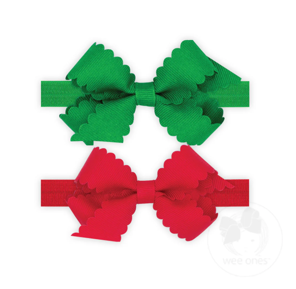 Wee Ones Two Mini Scallop Bows With Bands - Red/Green