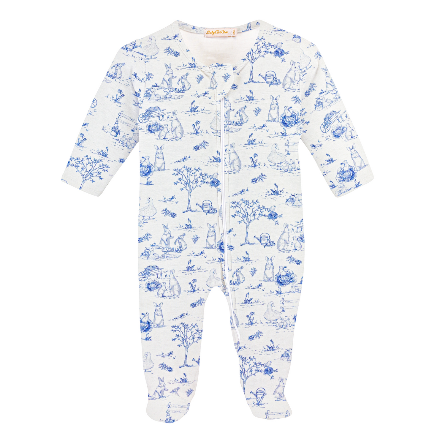 Blue Toile Bunnies Zipped Footie