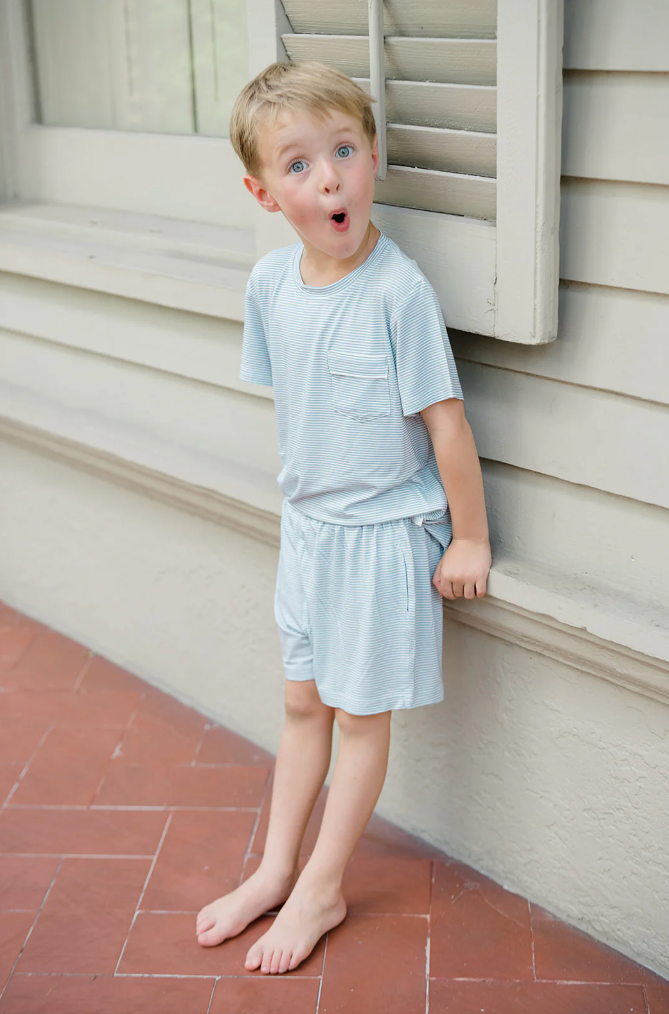 Dusty Blue Mini-Stripe Shorts & T-Shirt Set