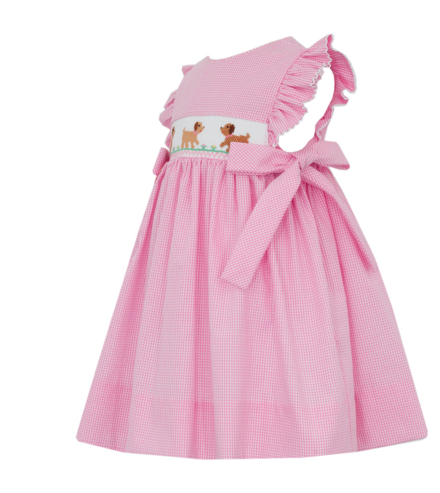 Embroidered Puppies Pink Check Sleeveless Dress