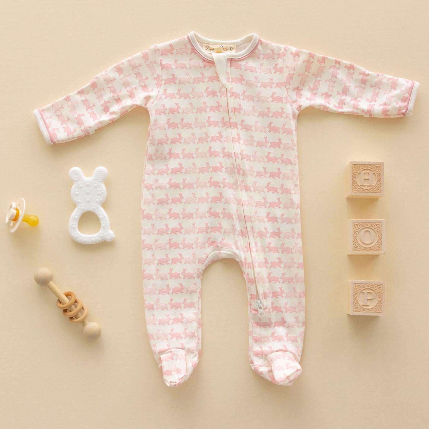 Bunny Hop Zip Footie - Dusty Rose