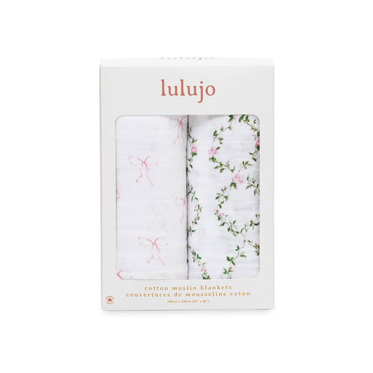 Lulujo Cotton Swaddles - Bows & Rose Trellis 2PK