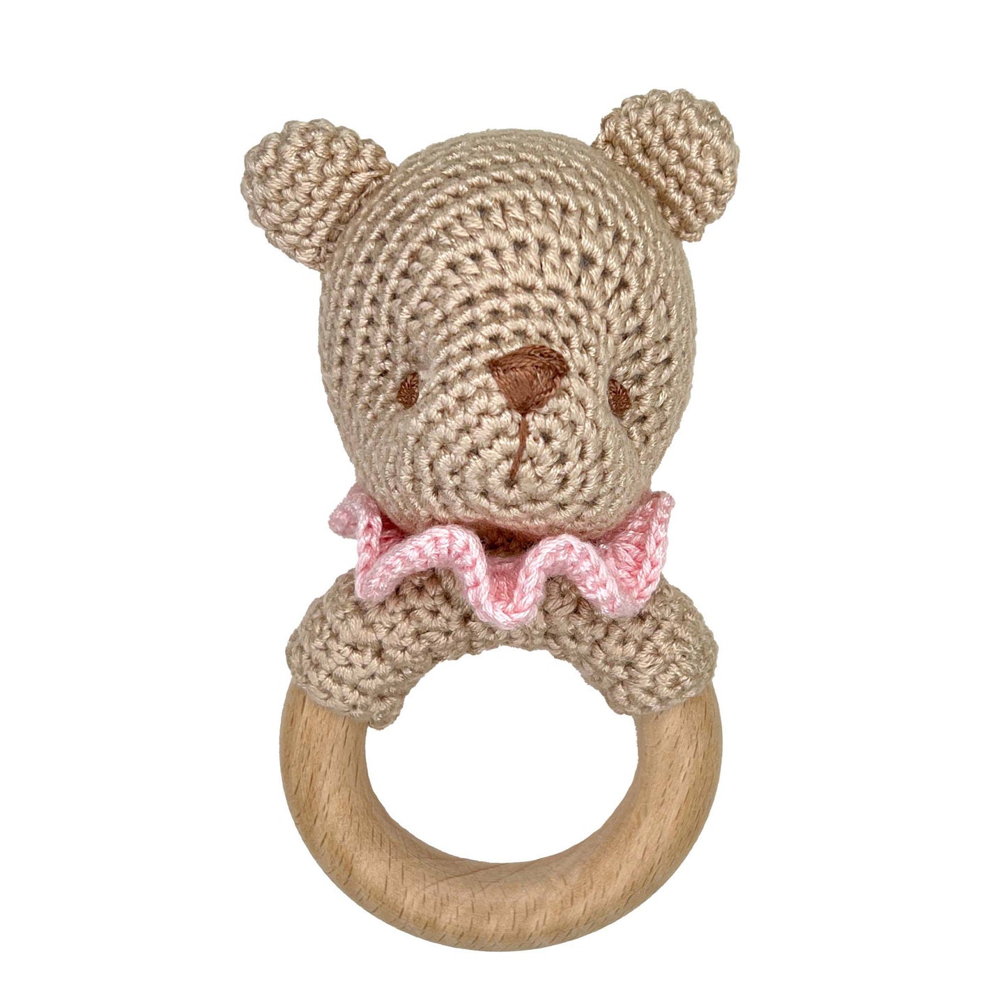 Bear Bamboo Crochet Woodring Rattle - Pink