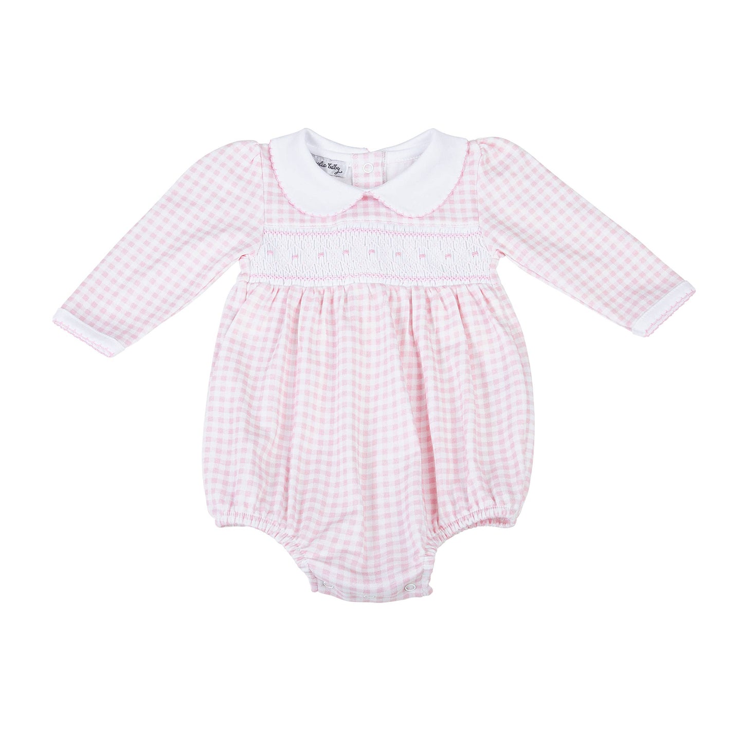 Mini Checks Smocked Collared L/S Girl Bubble - Pink