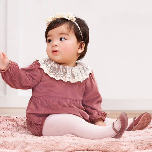Beatrice Baby Girl Mauve Velvet Bodysuit With Lace Collar