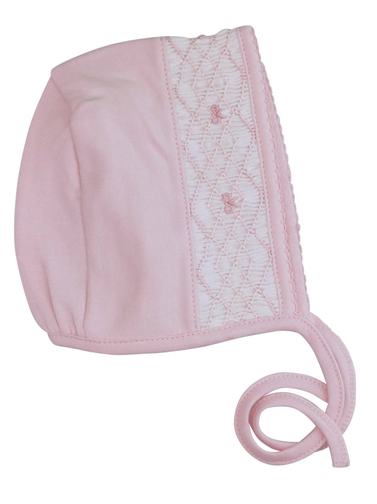 Pink Bows Smocked Bonnet Hat - Newborn
