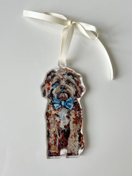 Cavapoo Red with Blue Bow Ornament