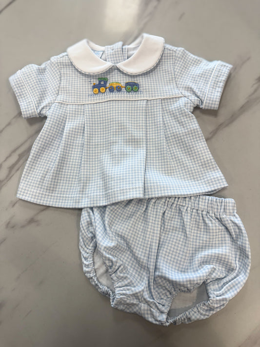 Embroidered Train Light Blue Gingham Knit Boy's Diaper Set