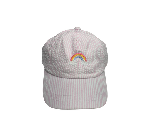 Girls Embroidered Pink Seersucker Ball Cap - Rainbow