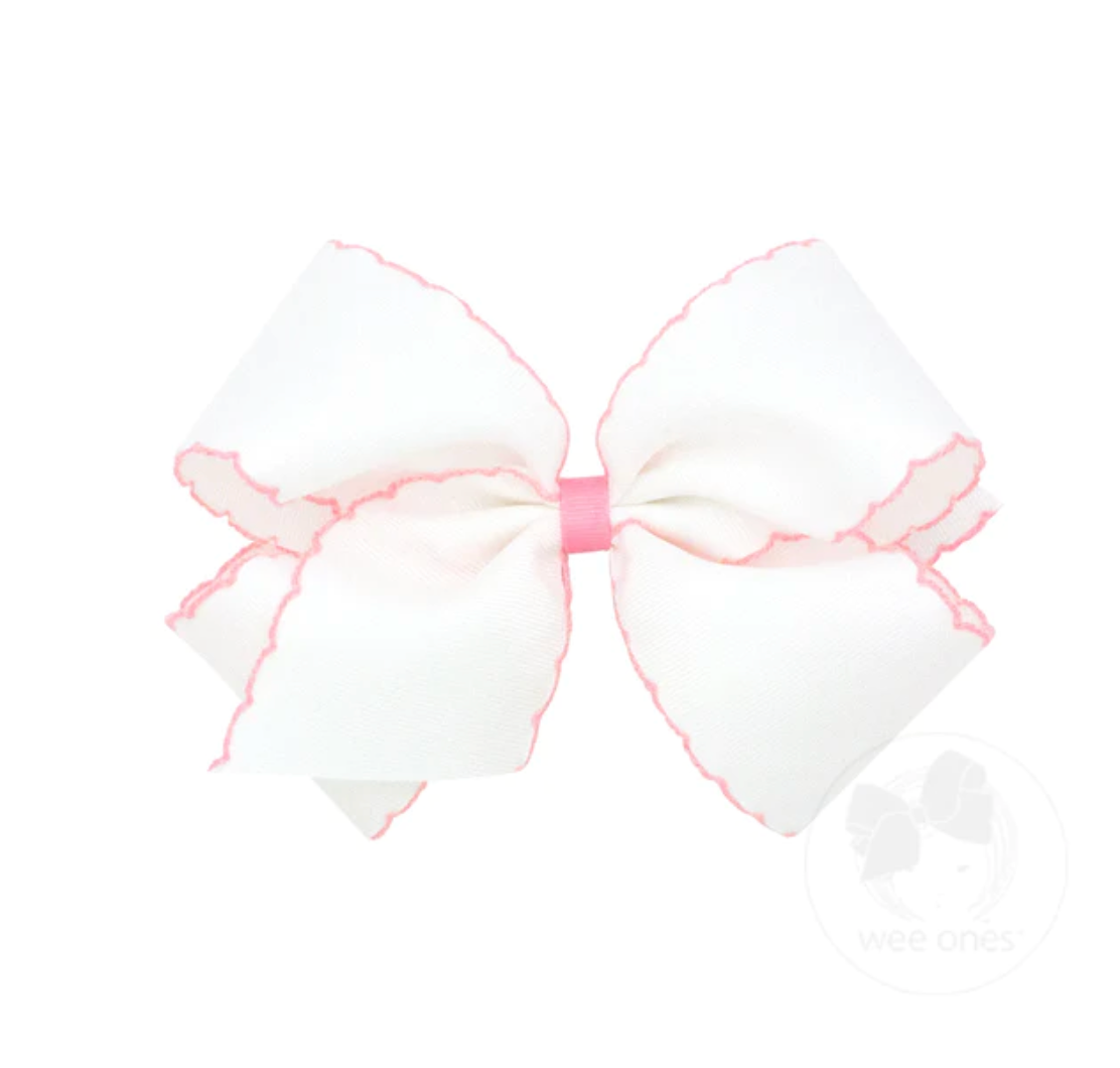 King White Hair Bow with Light Pink Moonstitch