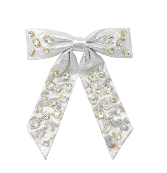 Shimmer Bow Barrette with Hand Sewn Crystals in Silver