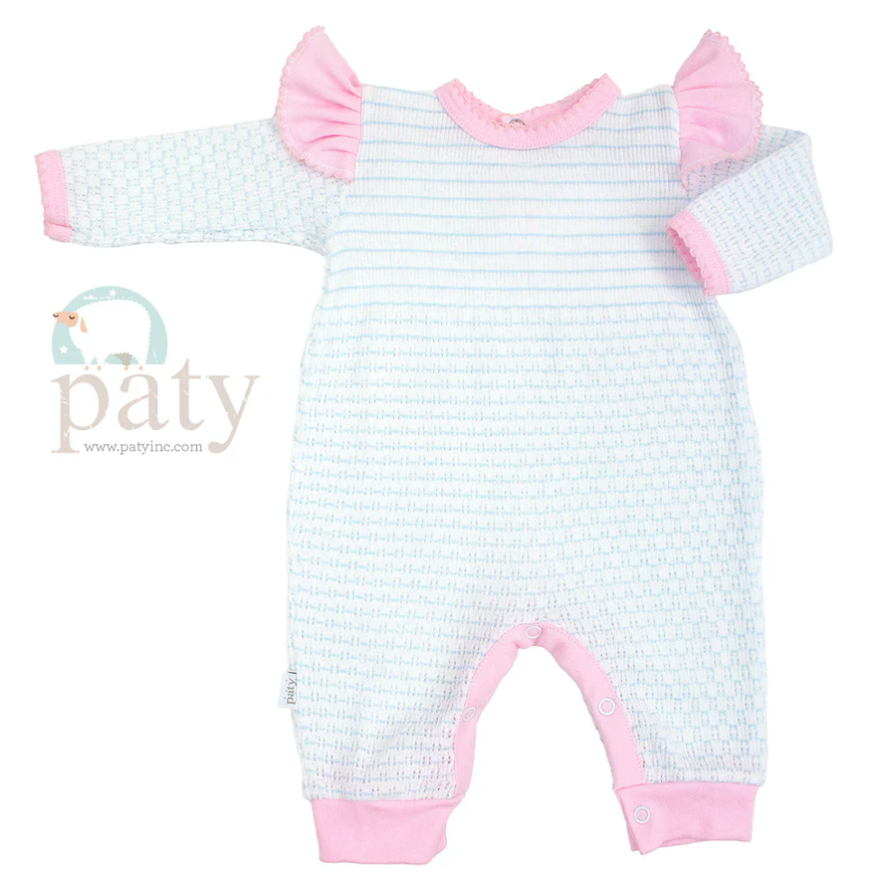 Angel Sleeve Romper - Blue Pinstripe, Pink Trim Long Sleeve