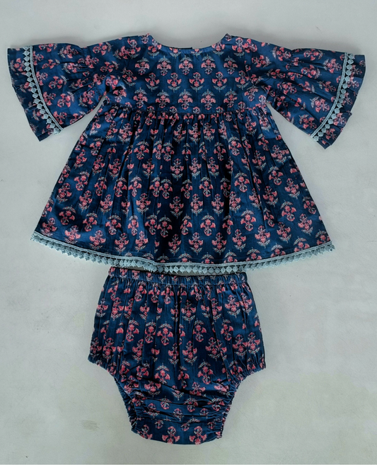 Blue and Pink Floral Long Sleeve Bloomer Set