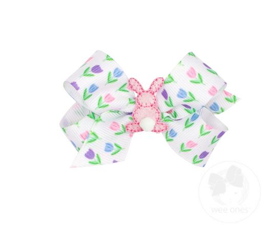Mini Easter Tulip Print Hair Bow with Bunny Silhouette