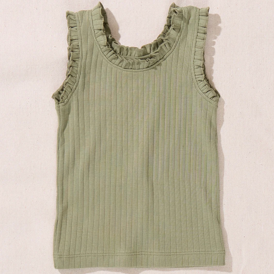 Pink Chicken Joy Ruffle Rib Tank - Olive
