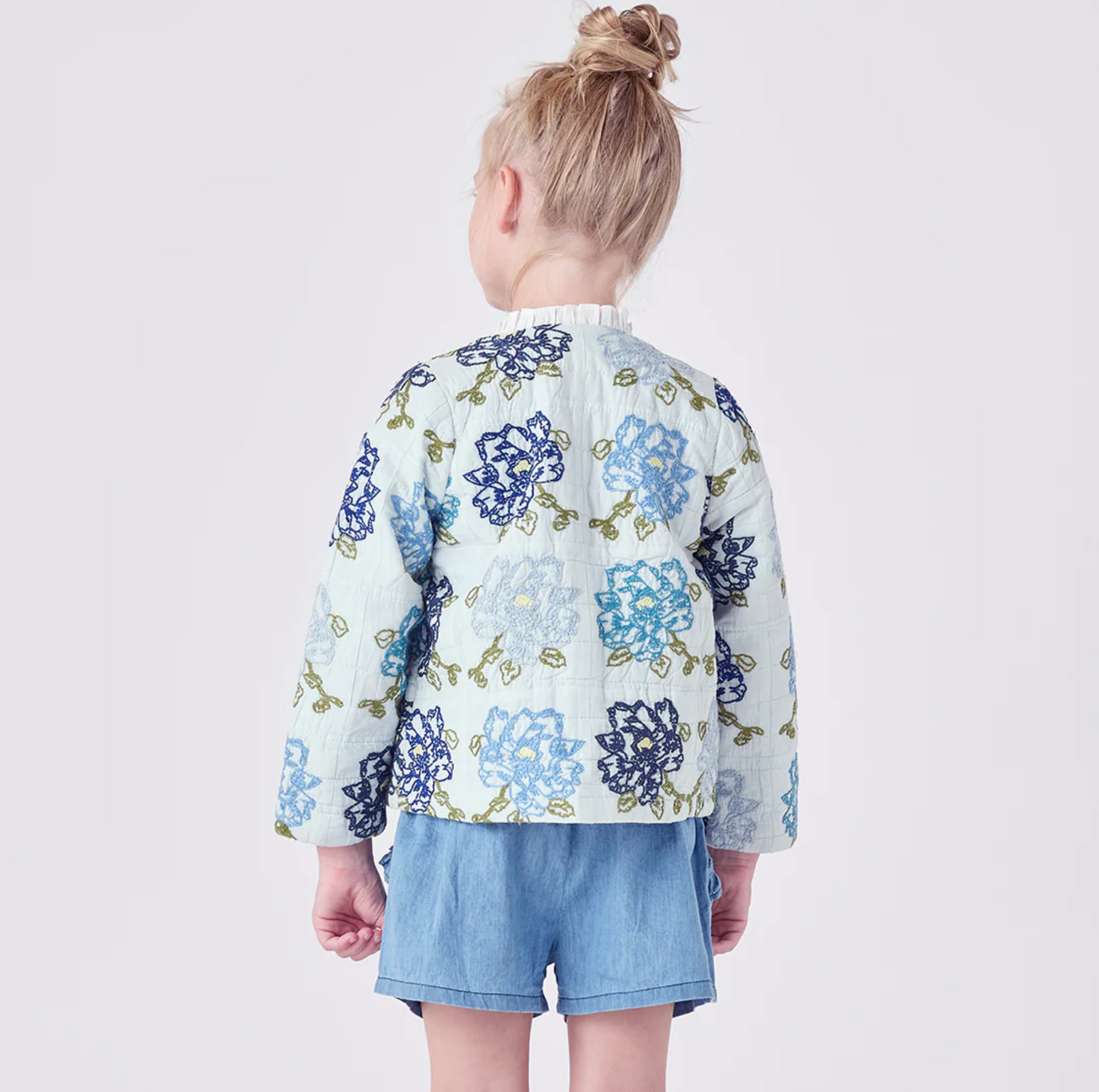 Pink Chicken Girls Quilted Jacket - Blue Quilt Flower Embroidery