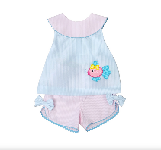 Girl's Pink and Blue "Fish" Appliqué Short Set
