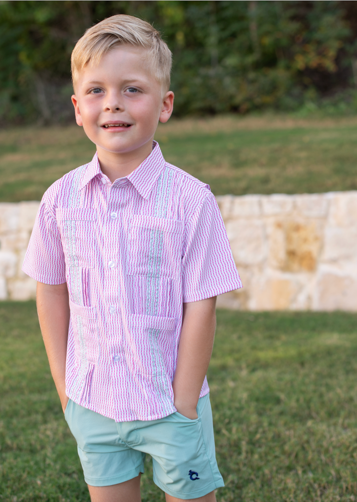 Guayabera - Pink Mint Wave Check Short Sleeve Shirt