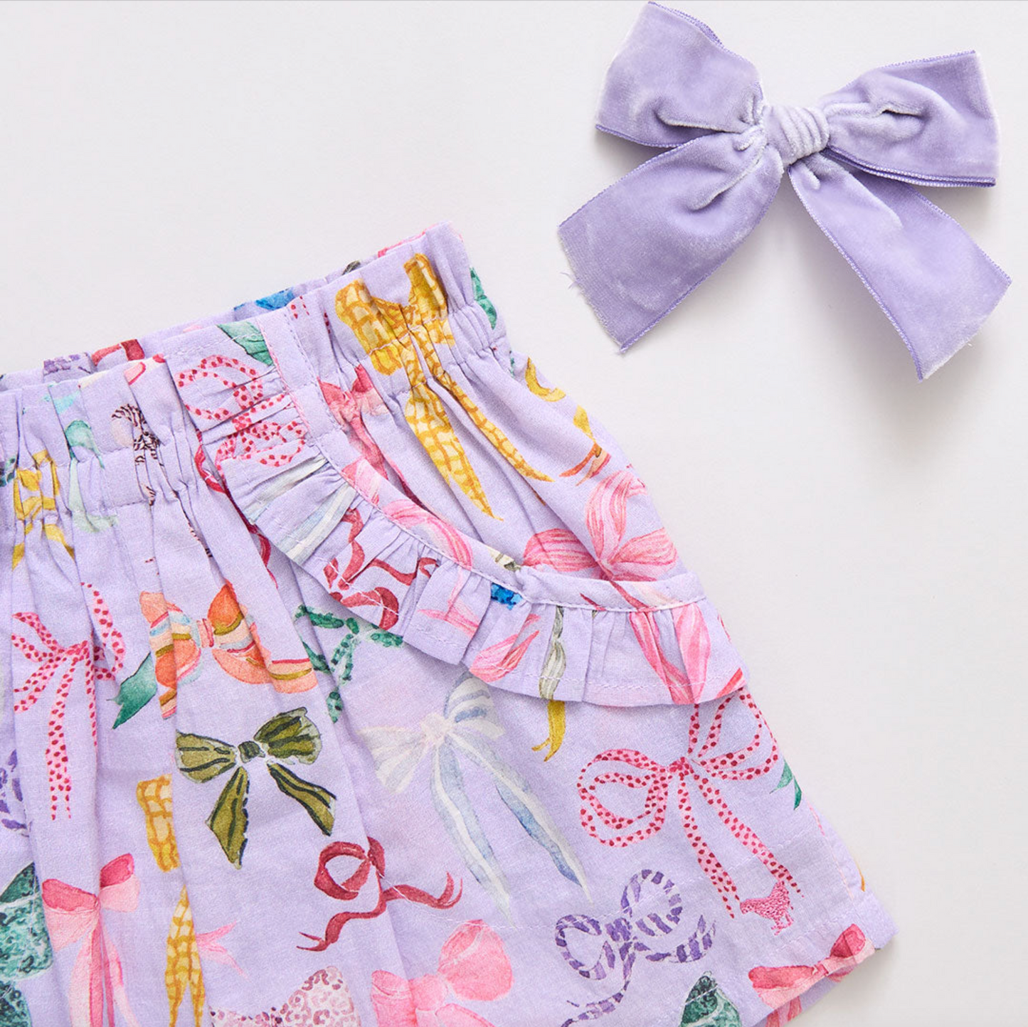 Girls Ruffle Theodore Short - Lavender Watercolor Bows