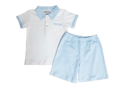 White & Blue Gingham Polo Short Set